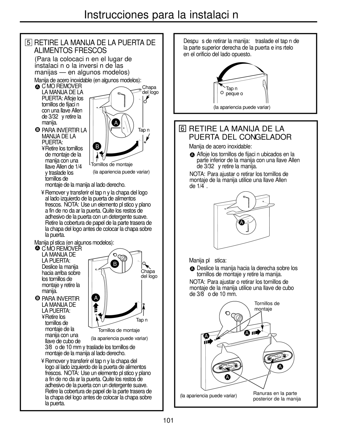 GE Monogram 20, 22 Retire LA Manija DE LA Puerta DEL Congelador, Retire LA Manija DE LA Puerta DE Alimentos Frescos, 101 
