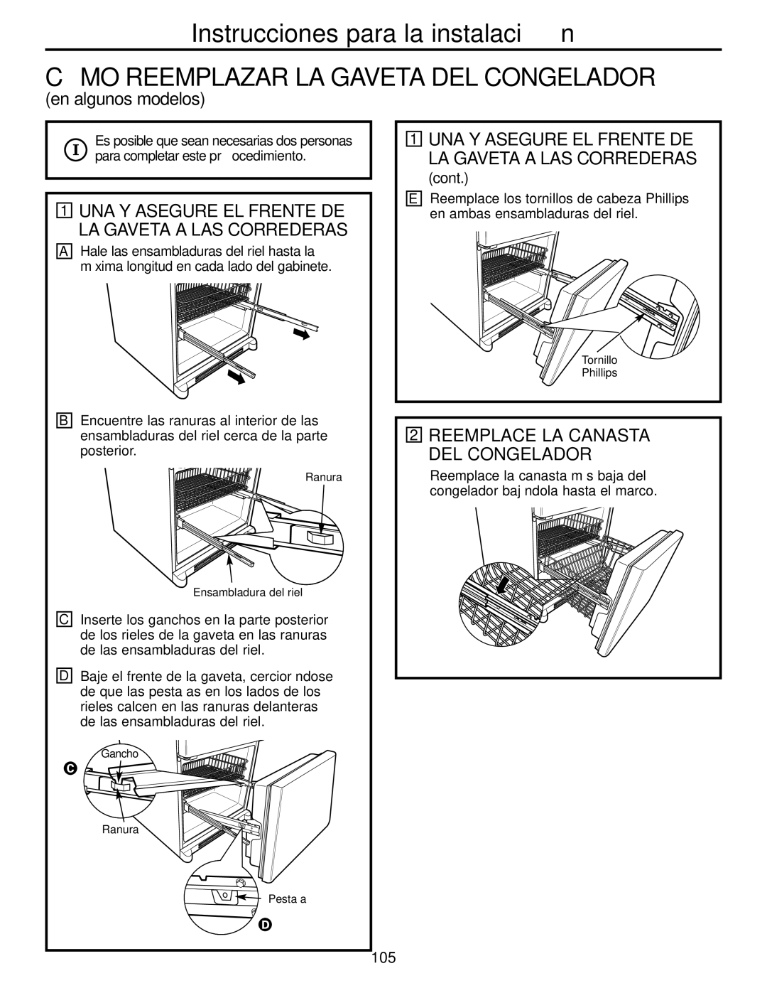 GE Monogram 20, 22 operating instructions Cómo Reemplazar LA Gaveta DEL Congelador, Reemplace LA Canasta DEL Congelador, 105 