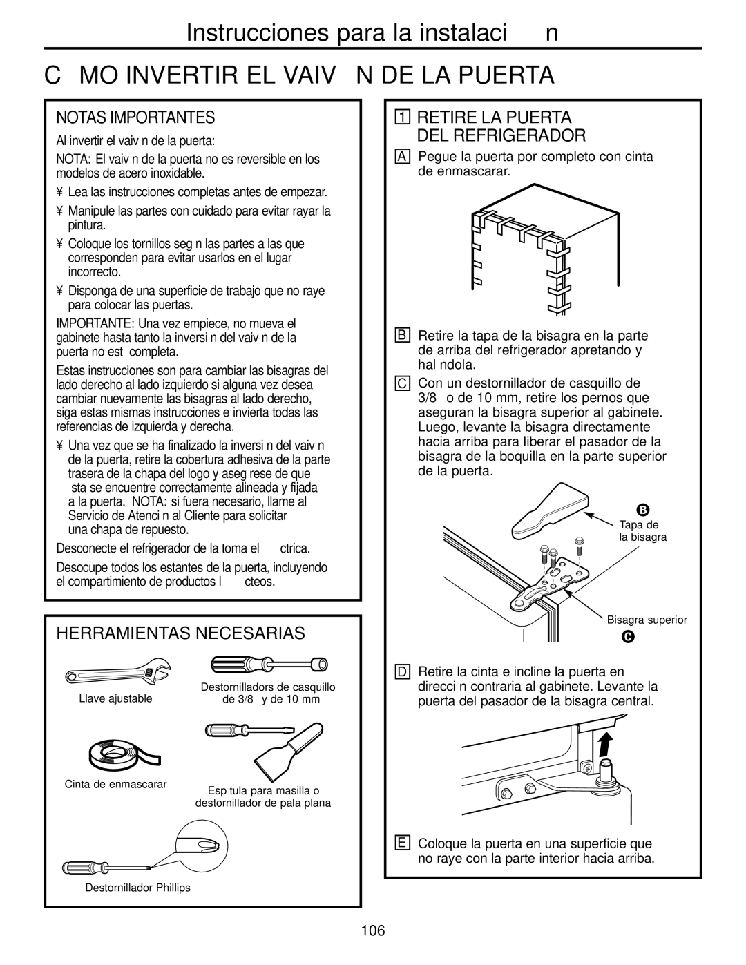 GE Monogram 22, 20 Cómo Invertir EL Vaivén DE LA Puerta, Notas Importantes, Herramientas Necesarias, 106 