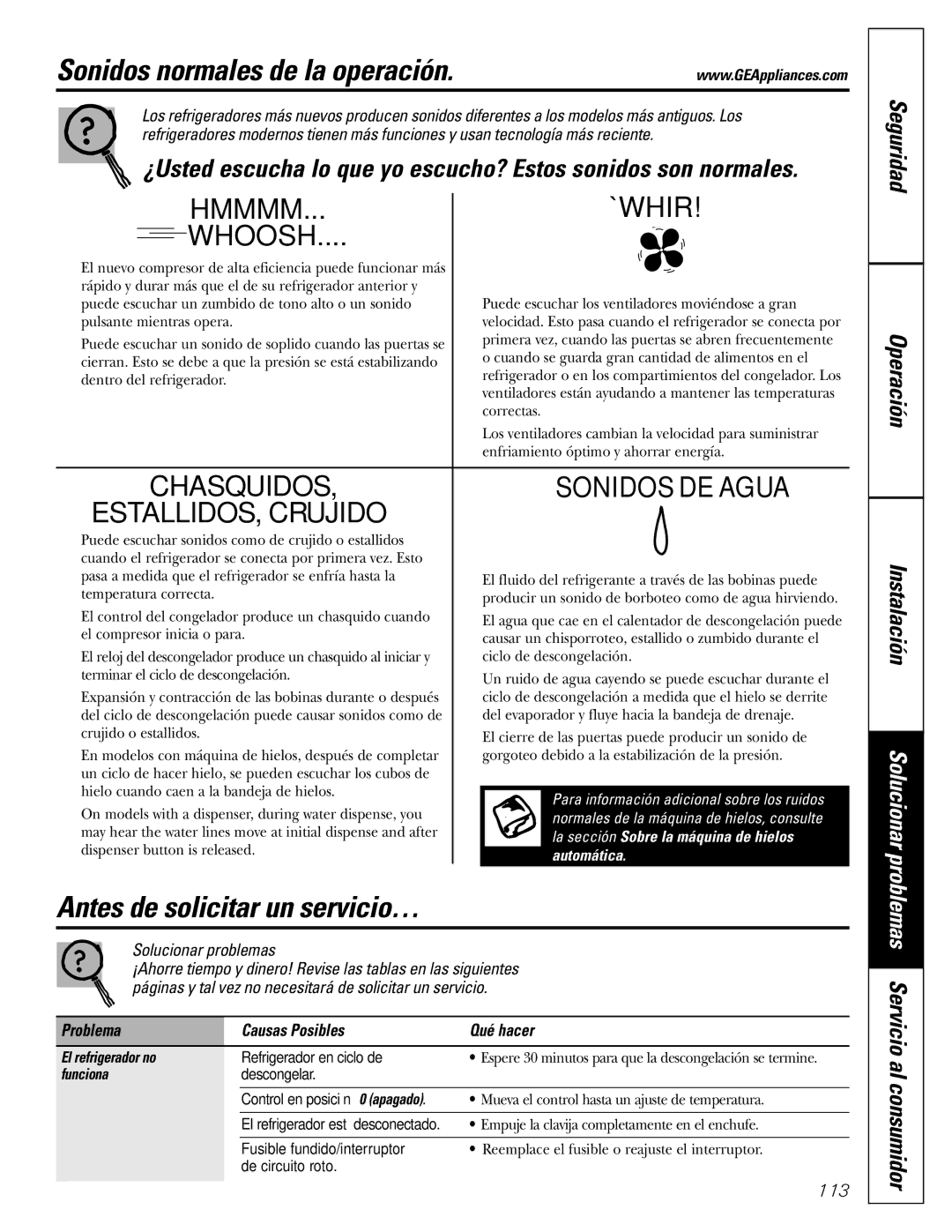 GE Monogram 20 Sonidos normales de la operación, Antes de solicitar un servicio…, 113, Problema Causas Posibles Qué hacer 