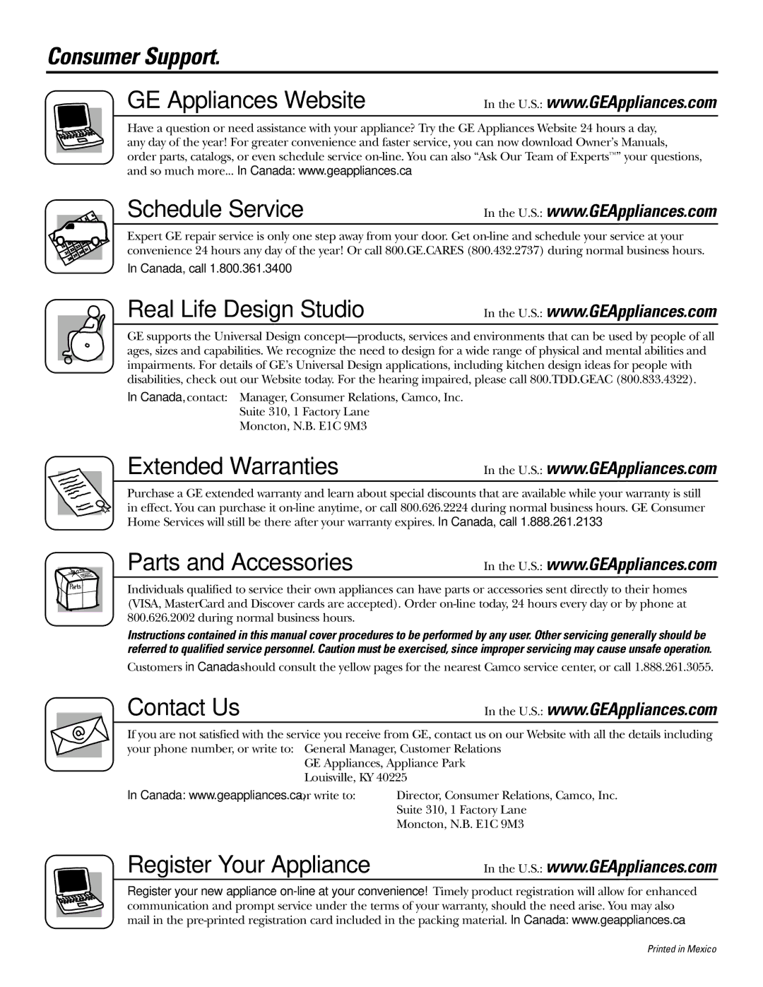 GE Monogram 22, 20 operating instructions Consumer Support, GE Appliances Website Schedule Service 