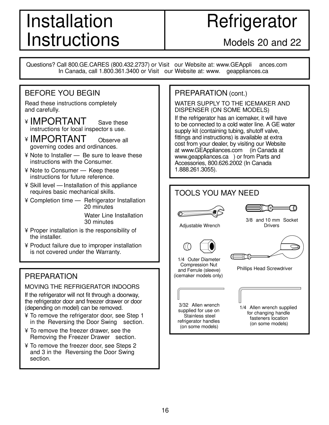 GE Monogram 22, 20 Before YOU Begin, Preparation, Tools YOU MAY Need, Read these instructions completely and carefully 