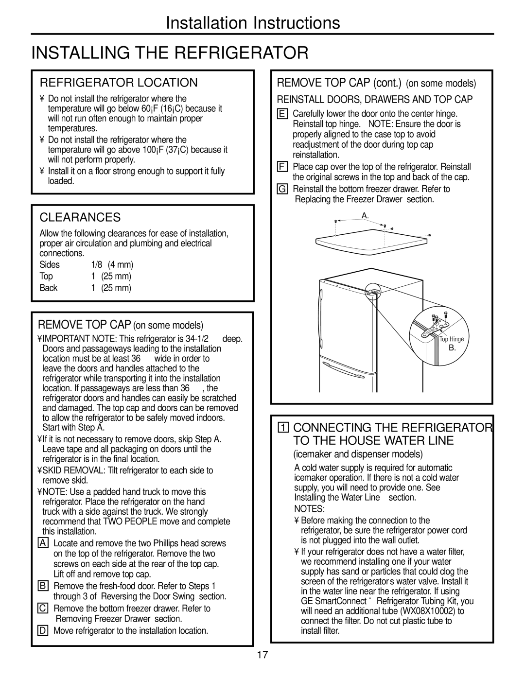 GE Monogram 20, 22 operating instructions Installing the Refrigerator, Refrigerator Location, Clearances 