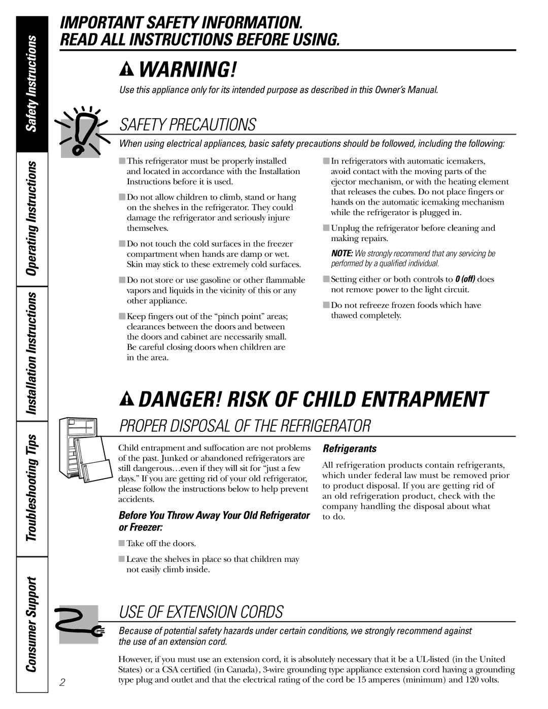 GE Monogram 22, 20 operating instructions Consumer, Before You Throw Away Your Old Refrigerator or Freezer, Refrigerants 