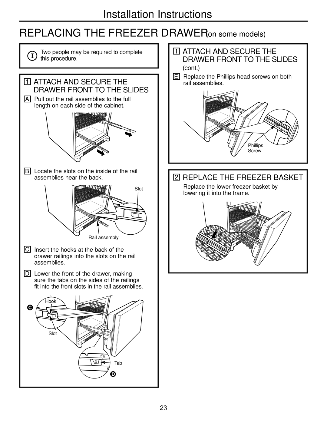 GE Monogram 20, 22 operating instructions Replace the Freezer Basket, Attach and Secure the Drawer Front to the Slides, Cont 