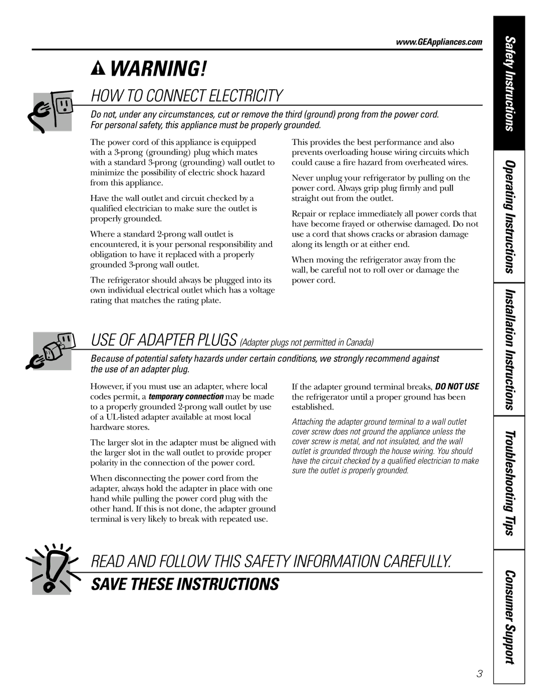 GE Monogram 20, 22 operating instructions HOW to Connect Electricity, Consumer Support 