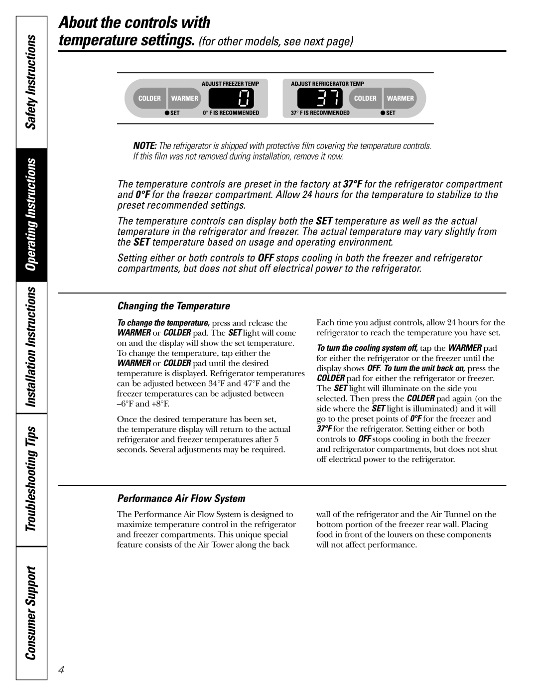 GE Monogram 22, 20 operating instructions About the controls with, Changing the Temperature, Performance Air Flow System 