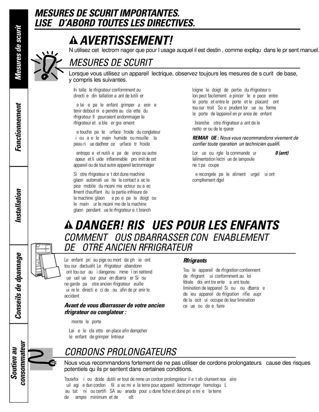 GE Monogram 22, 20 operating instructions Fonctionnement Installation, Réfrigérants 