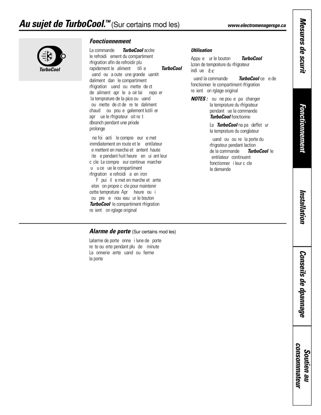 GE Monogram 20, 22 Au sujet de TurboCool. Sur certains modèles, De sécurité, Conseils de dépannage Consommateur Soutien au 