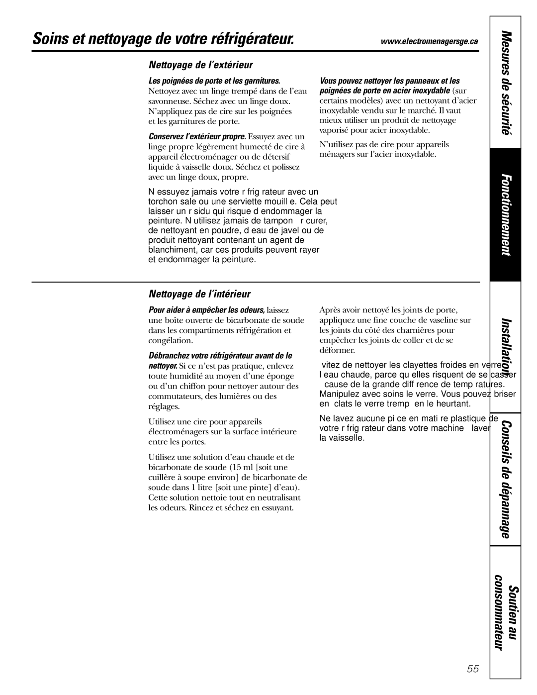 GE Monogram 20, 22 Soins et nettoyage de votre réfrigérateur, Nettoyage de l’extérieur, Nettoyage de l’intérieur 