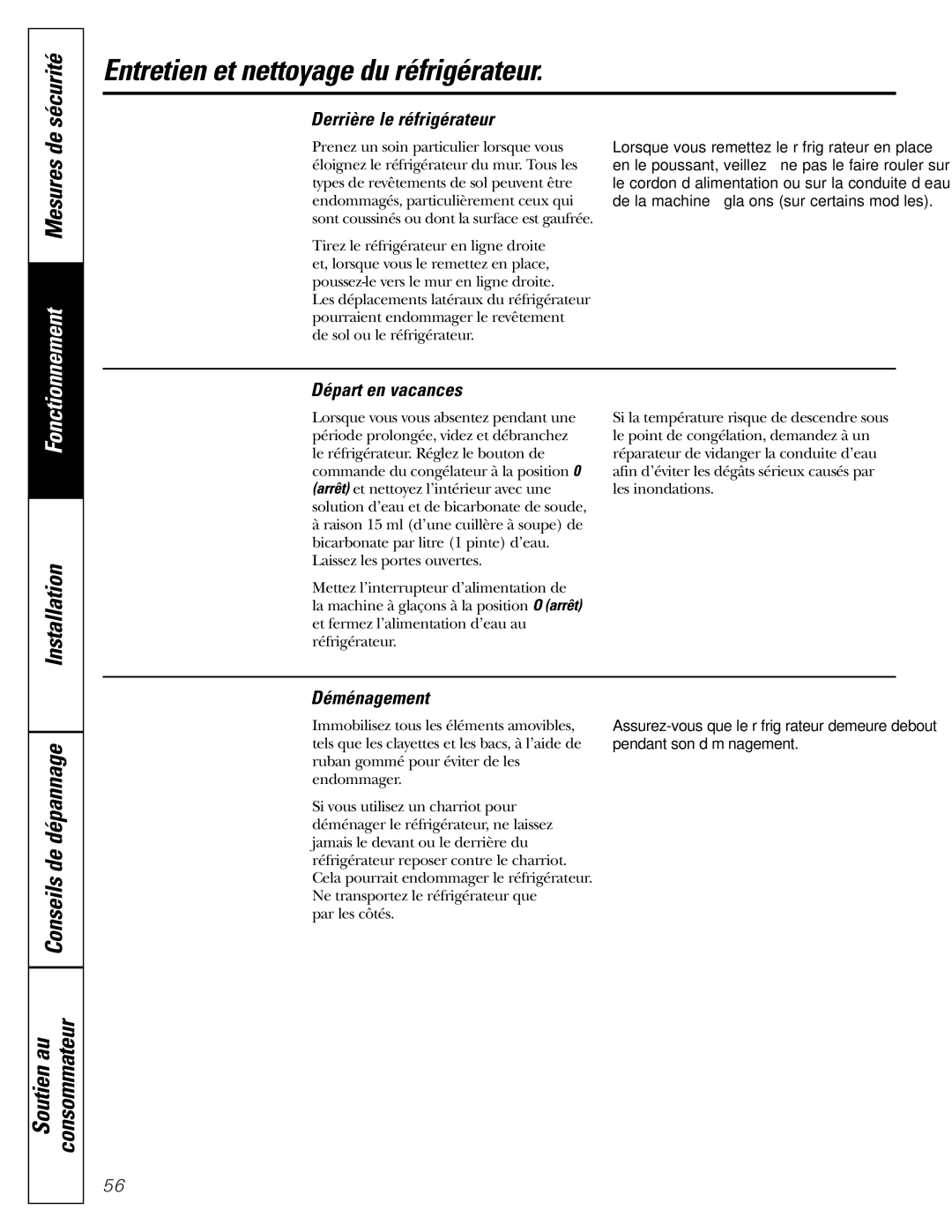 GE Monogram 22, 20 Entretien et nettoyage du réfrigérateur, Derrière le réfrigérateur, Départ en vacances, Déménagement 