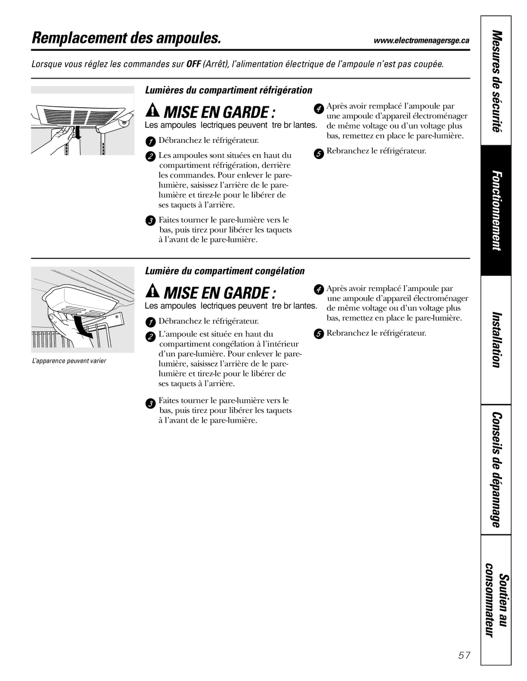 GE Monogram 20, 22 operating instructions Remplacement des ampoules, Mesures de, Lumières du compartiment réfrigération 