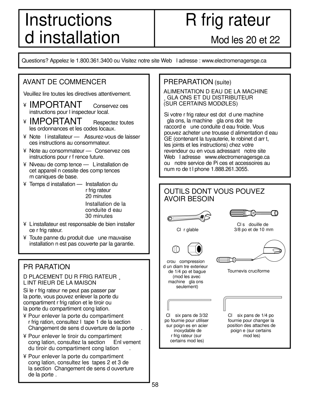 GE Monogram 22, 20 operating instructions Avant DE Commencer, Préparation, Outils Dont Vous Pouvez, Avoir Besoin 