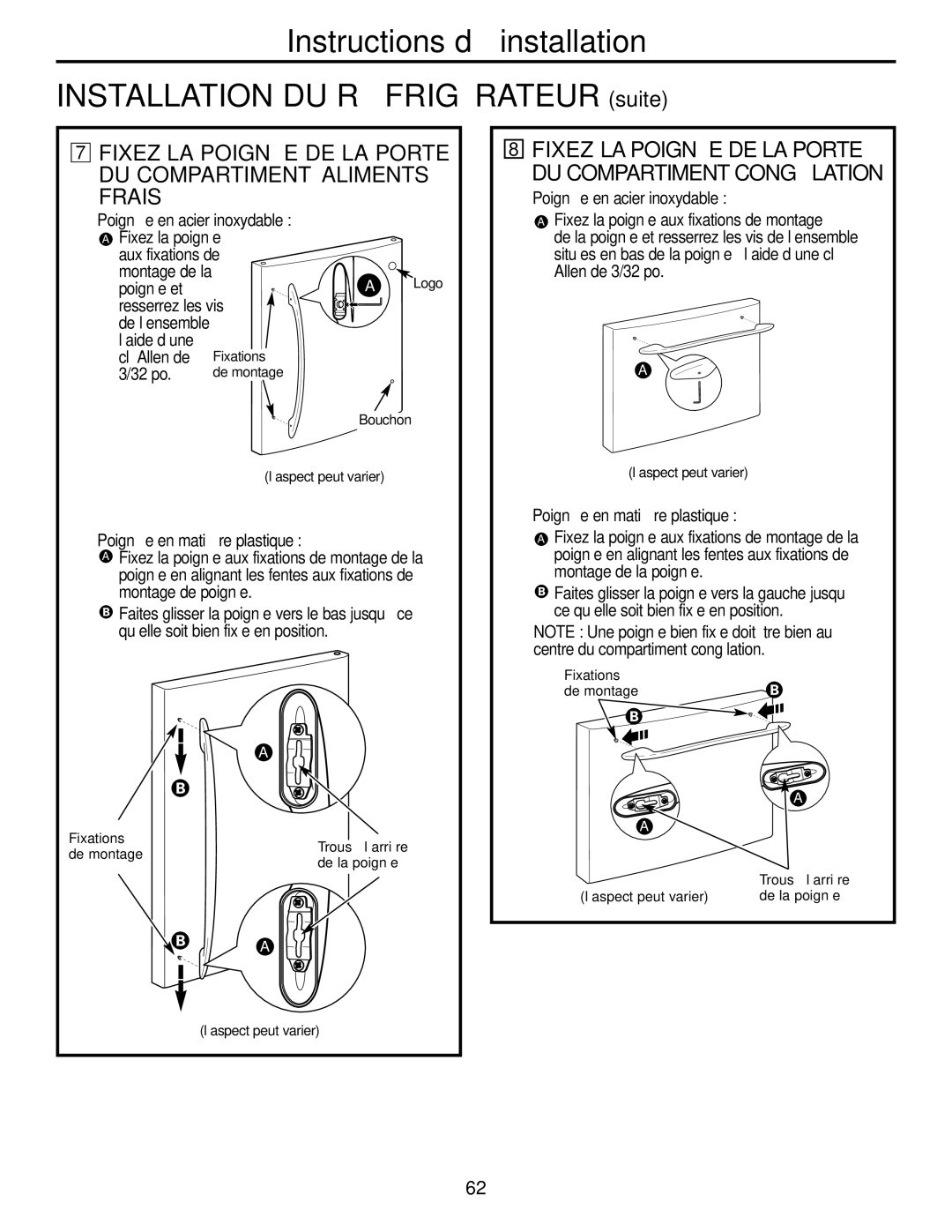 GE Monogram 22, 20 operating instructions Fixez LA Poignée DE LA Porte DU Compartiment Aliments Frais 