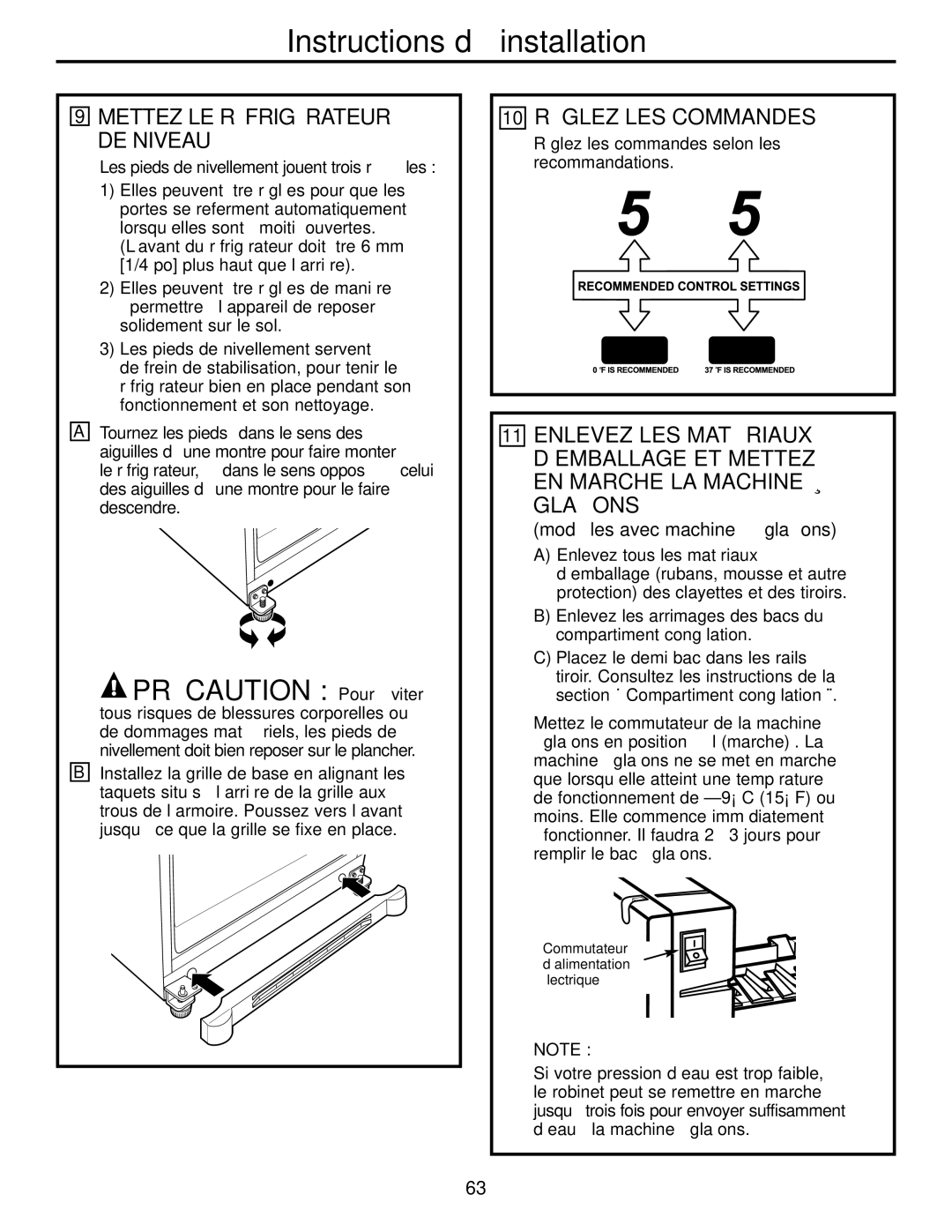 GE Monogram 20, 22 10 Réglez LES Commandes, Mettez LE Réfrigérateur DE Niveau, Modèles avec machine à glaçons 