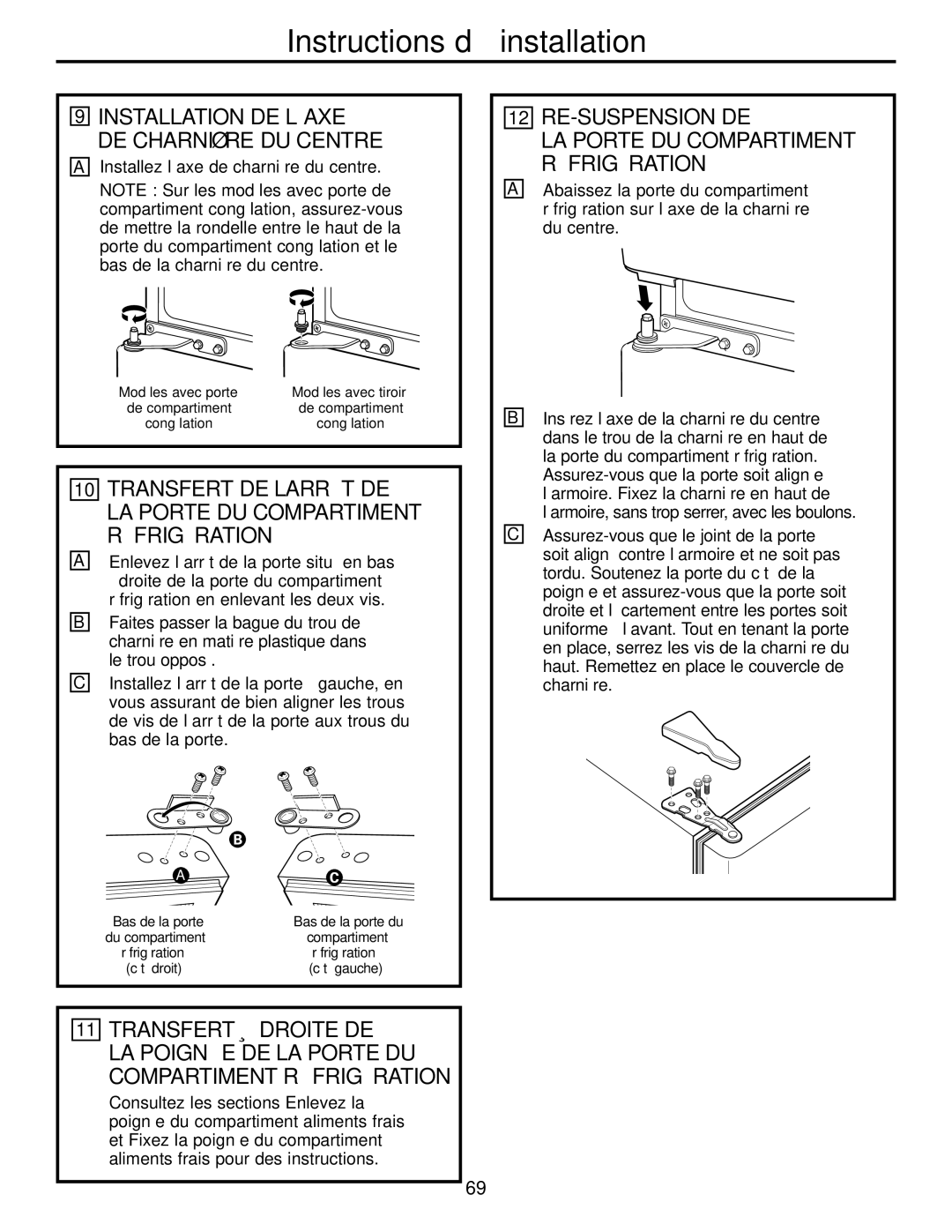 GE Monogram 20, 22 operating instructions Re-Suspension De, Transfert À Droite DE, LA Porte DU Compartiment Réfrigération 