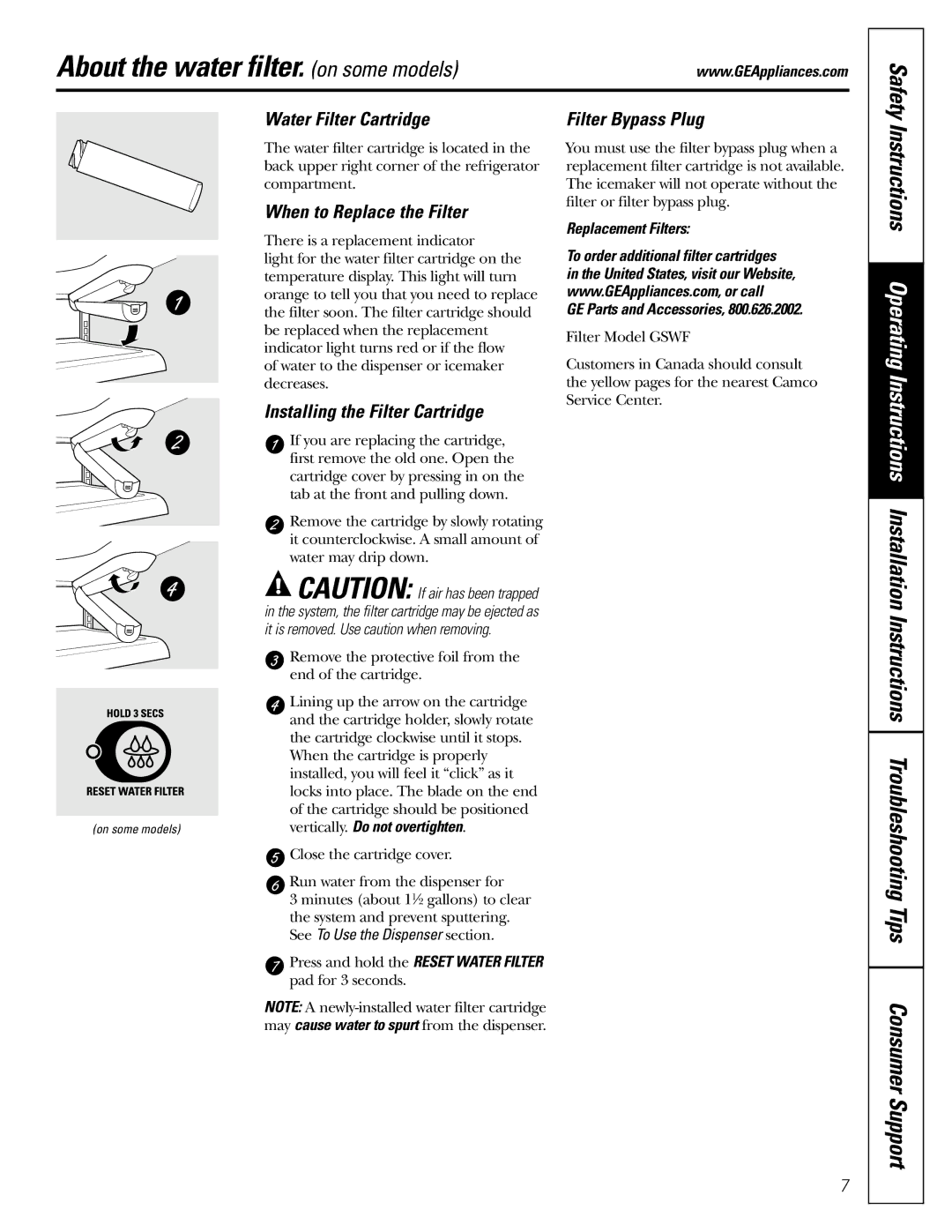 GE Monogram 20, 22 About the water filter. on some models, Safety, Water Filter Cartridge Filter Bypass Plug 