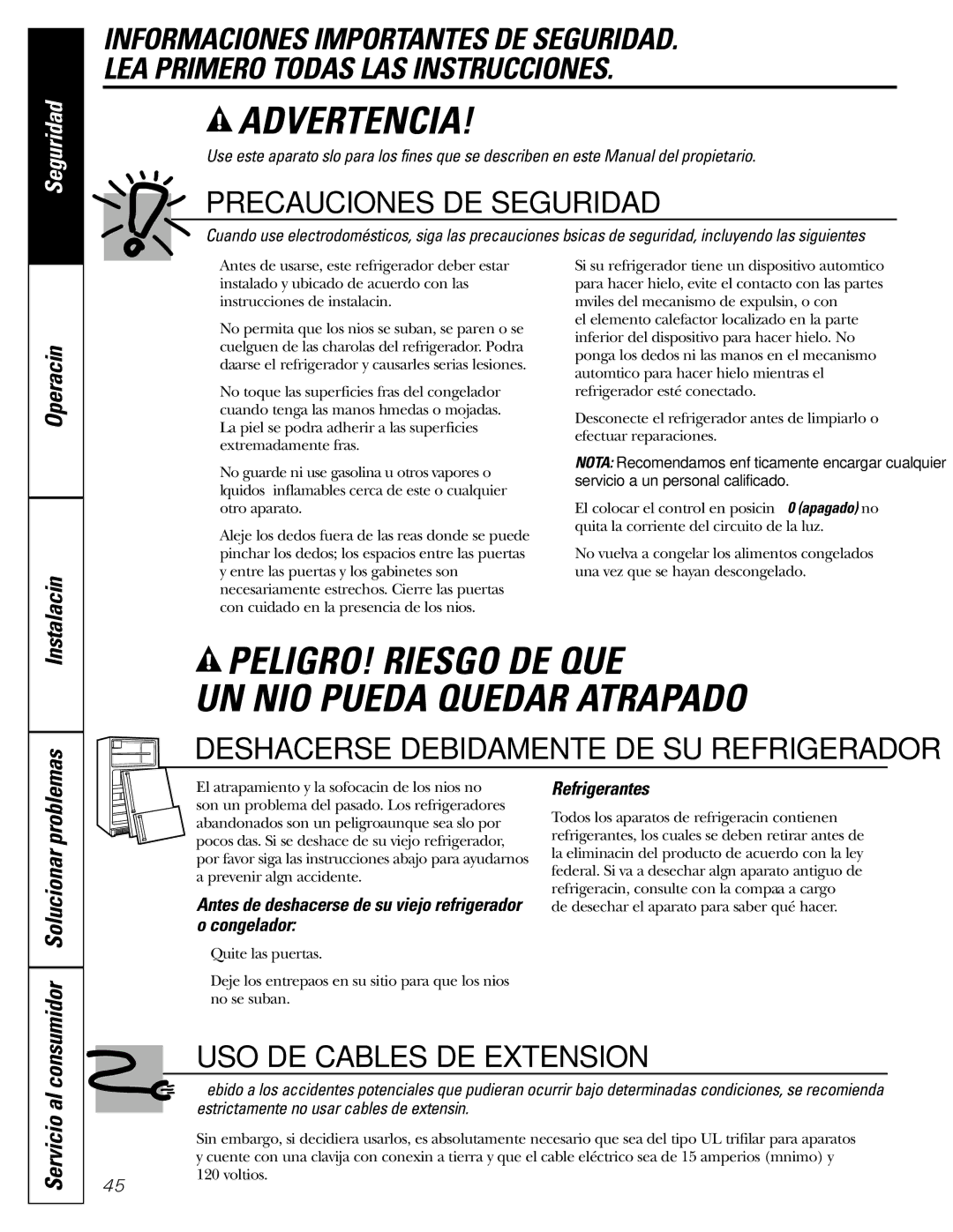 GE Monogram 22, 20 Operación Instalación, Servicio al, Antes de deshacerse de su viejo refrigerador o congelador 