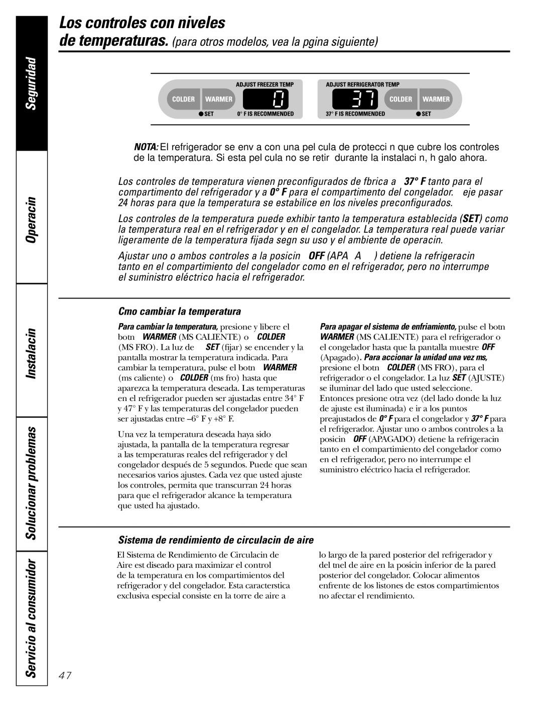 GE Monogram 22, 20 Los controles con niveles, Instalación Solucionar problemas, Cómo cambiar la temperatura 