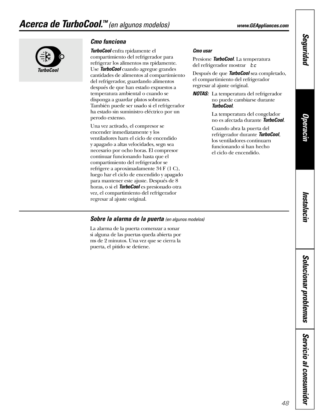 GE Monogram 20, 22 operating instructions Acerca de TurboCool. en algunos modelos, Seguridad, Cómo funciona, Cómo usar 