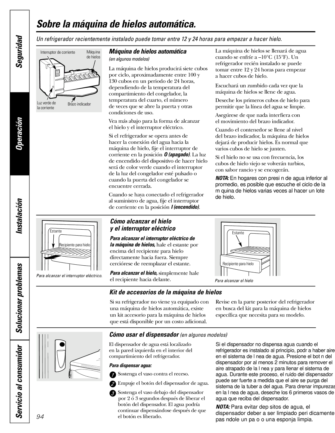 GE Monogram 22, 20 Sobre la máquina de hielos automática, Solucionar, Servicio al consumidor, Máquina de hielos automática 