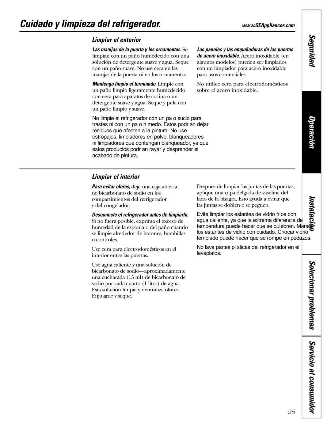 GE Monogram 20, 22 operating instructions Cuidado y limpieza del refrigerador, Limpiar el exterior, Limpiar el interior 