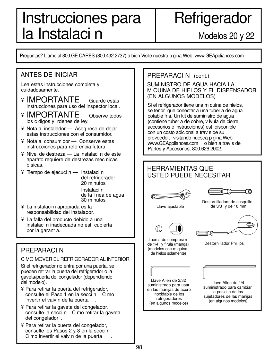 GE Monogram 22, 20 operating instructions Antes DE Iniciar, Preparación, Herramientas QUE, Usted Puede Necesitar 