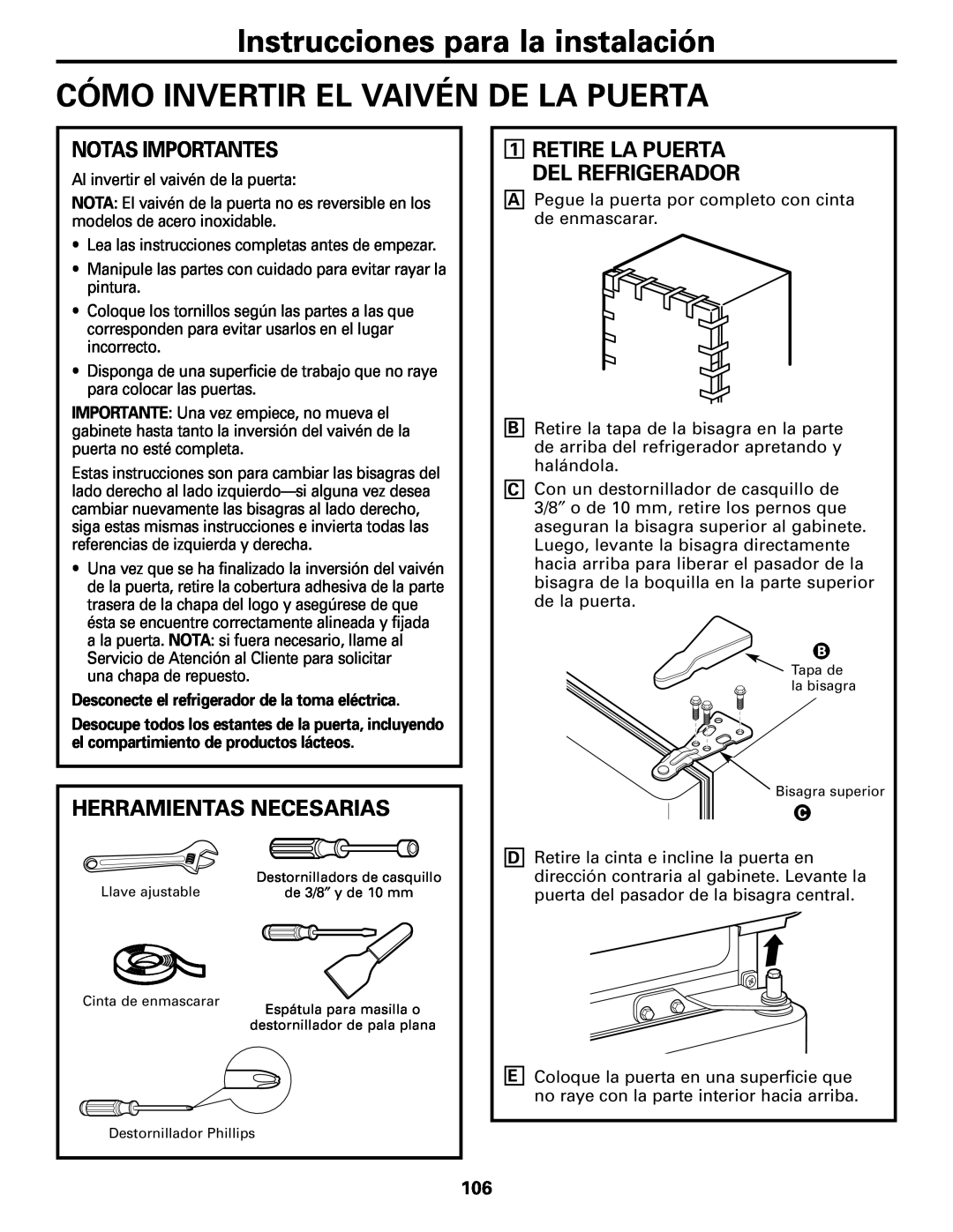 GE Monogram 22, 20 operating instructions Cómo Invertir El Vaivén De La Puerta, Notas Importantes, Herramientas Necesarias 