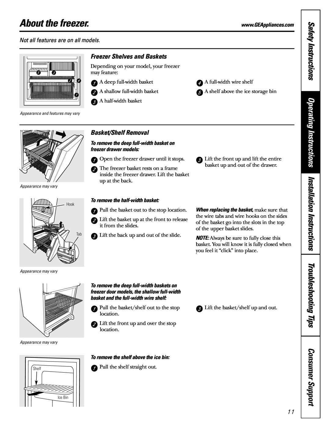 GE Monogram 20, 22 About the freezer, Instructions Operating, Freezer Shelves and Baskets, Basket/Shelf Removal, Safety 