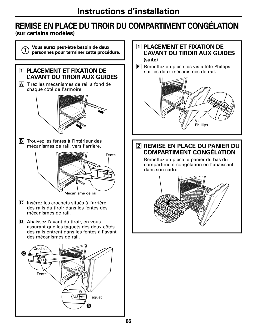 GE Monogram 20, 22 Placement Et Fixation De L’Avant Du Tiroir Aux Guides, suite, Instructions d’installation 