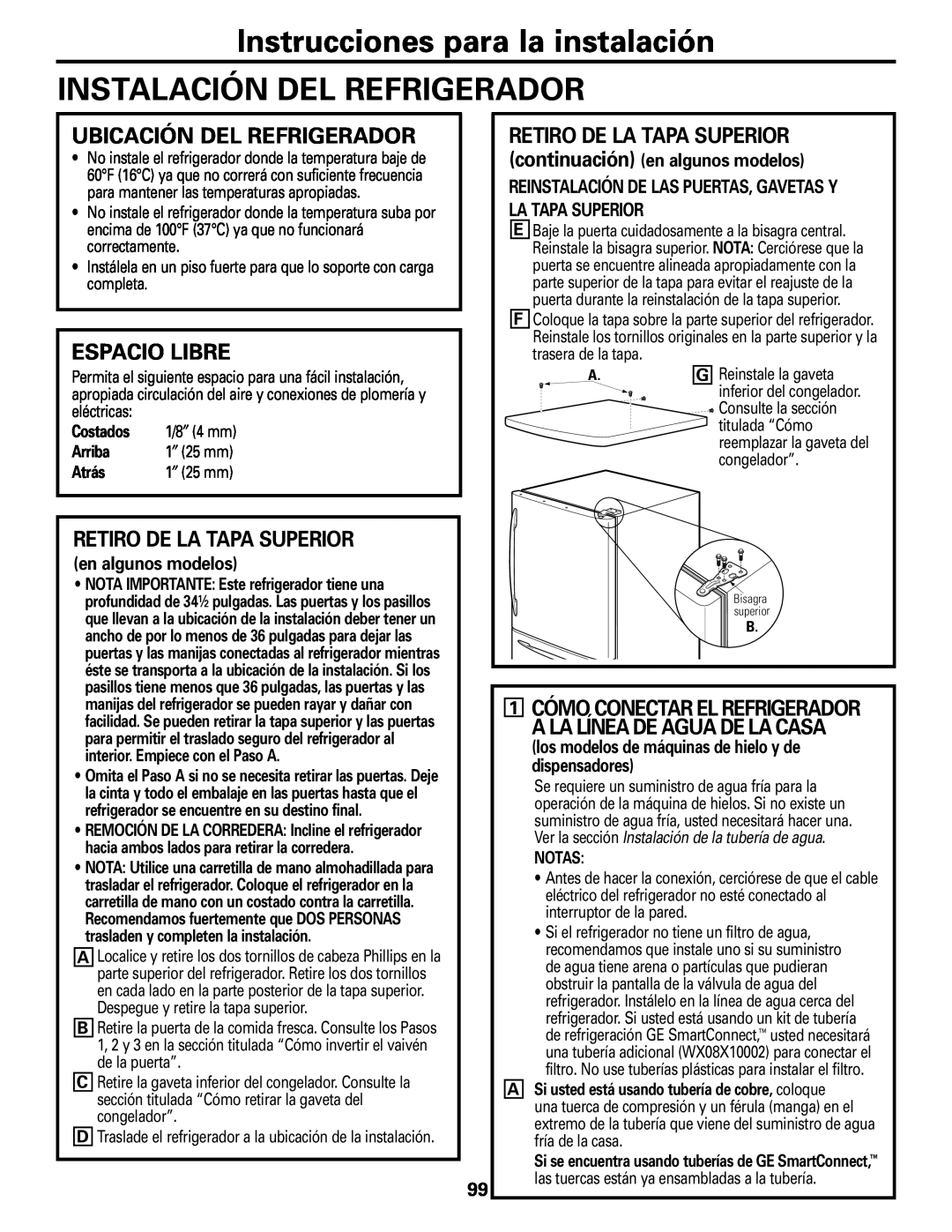 GE Monogram 20 Instrucciones para la instalación INSTALACIÓN DEL REFRIGERADOR, Ubicación Del Refrigerador, Espacio Libre 