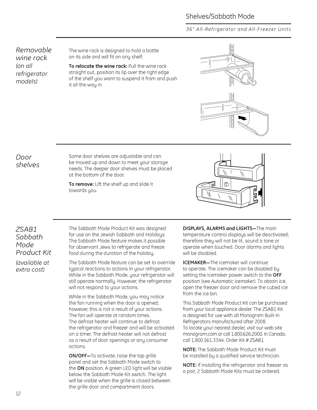 GE Monogram 22402602P001 owner manual Removable, Wine rack, Shelves, Sabbath Mode Product Kit 