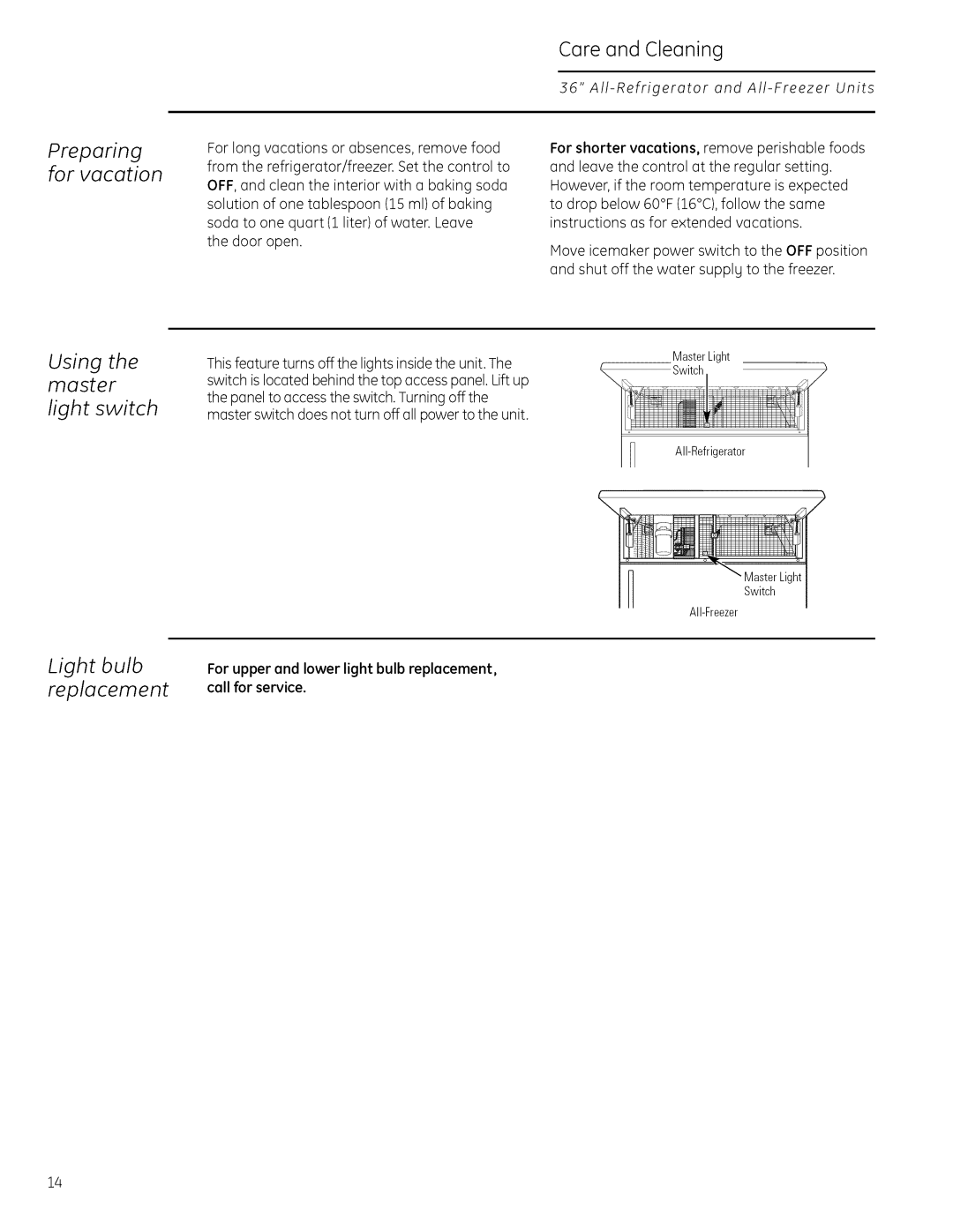 GE Monogram 22402602P001 owner manual Preparing for vacation, Using the master Light switch, Light bulb replacement 