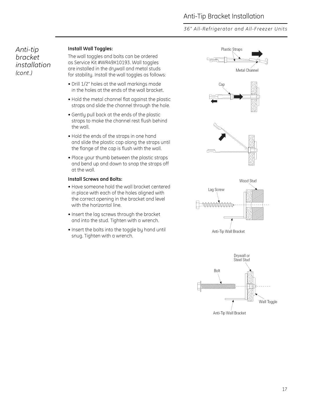 GE Monogram 22402602P001 owner manual Anti-tip bracket Installation Cont, Anti-Tip Brucket Installation 