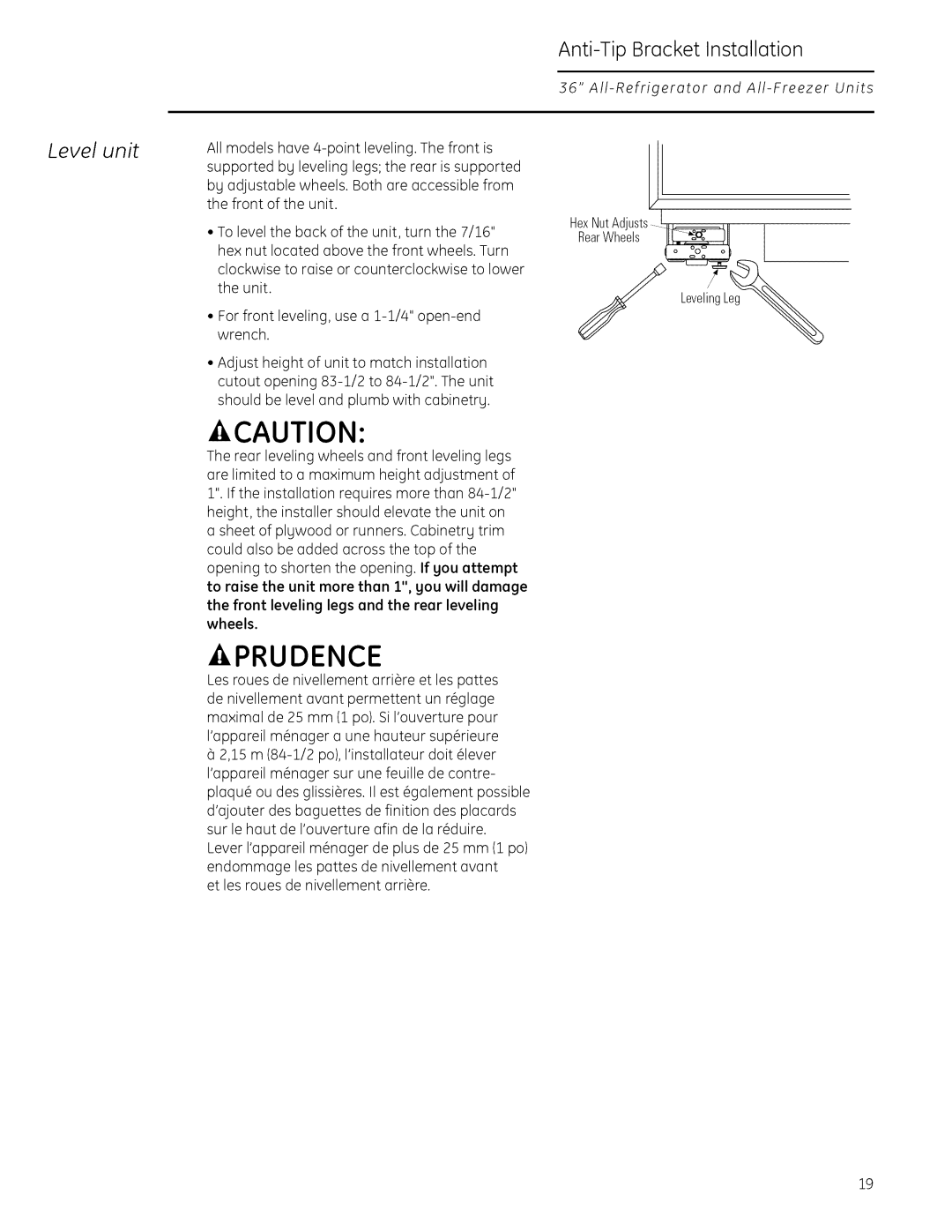 GE Monogram 22402602P001 owner manual Prudence, Level unit 