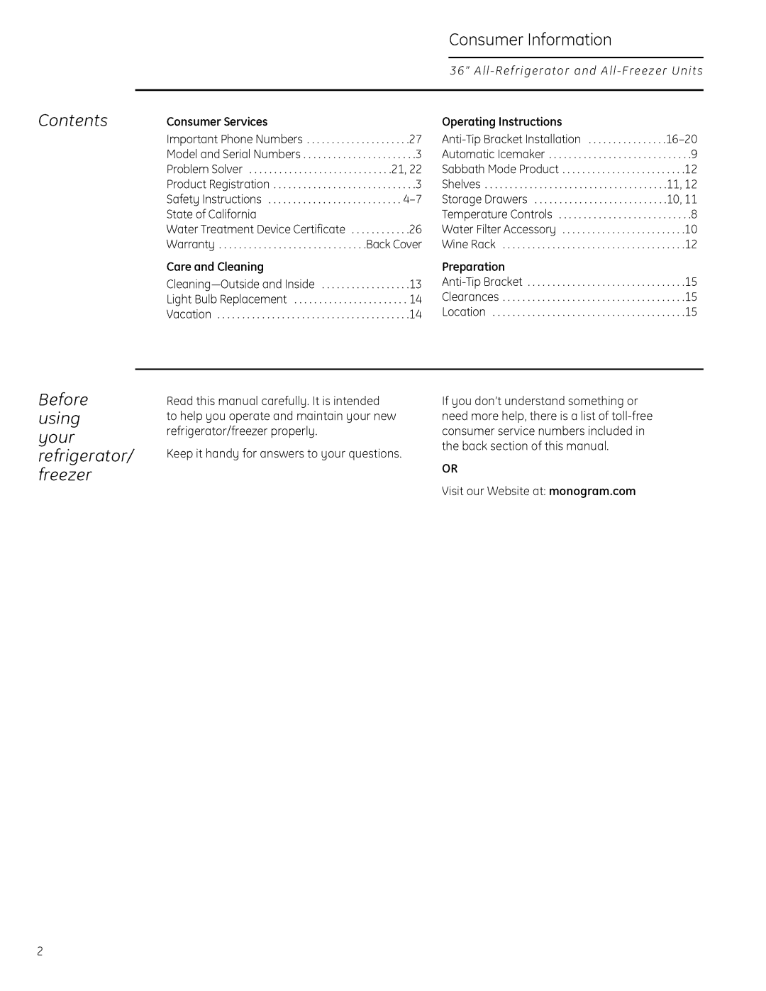 GE Monogram 22402602P001 owner manual Contents Before Using Gout refrigerator/ freezer, Consumer Information 