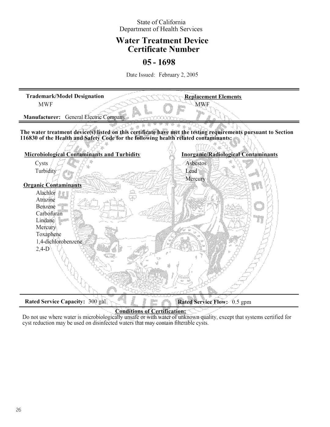 GE Monogram 22402602P001 owner manual Water Treatment Device Certificate Number 