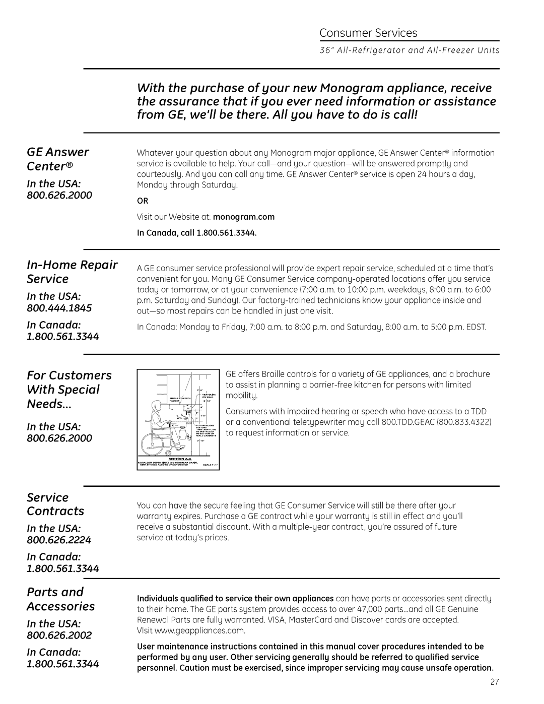 GE Monogram 22402602P001 owner manual Service, With Special Needs, Parts Accessories 