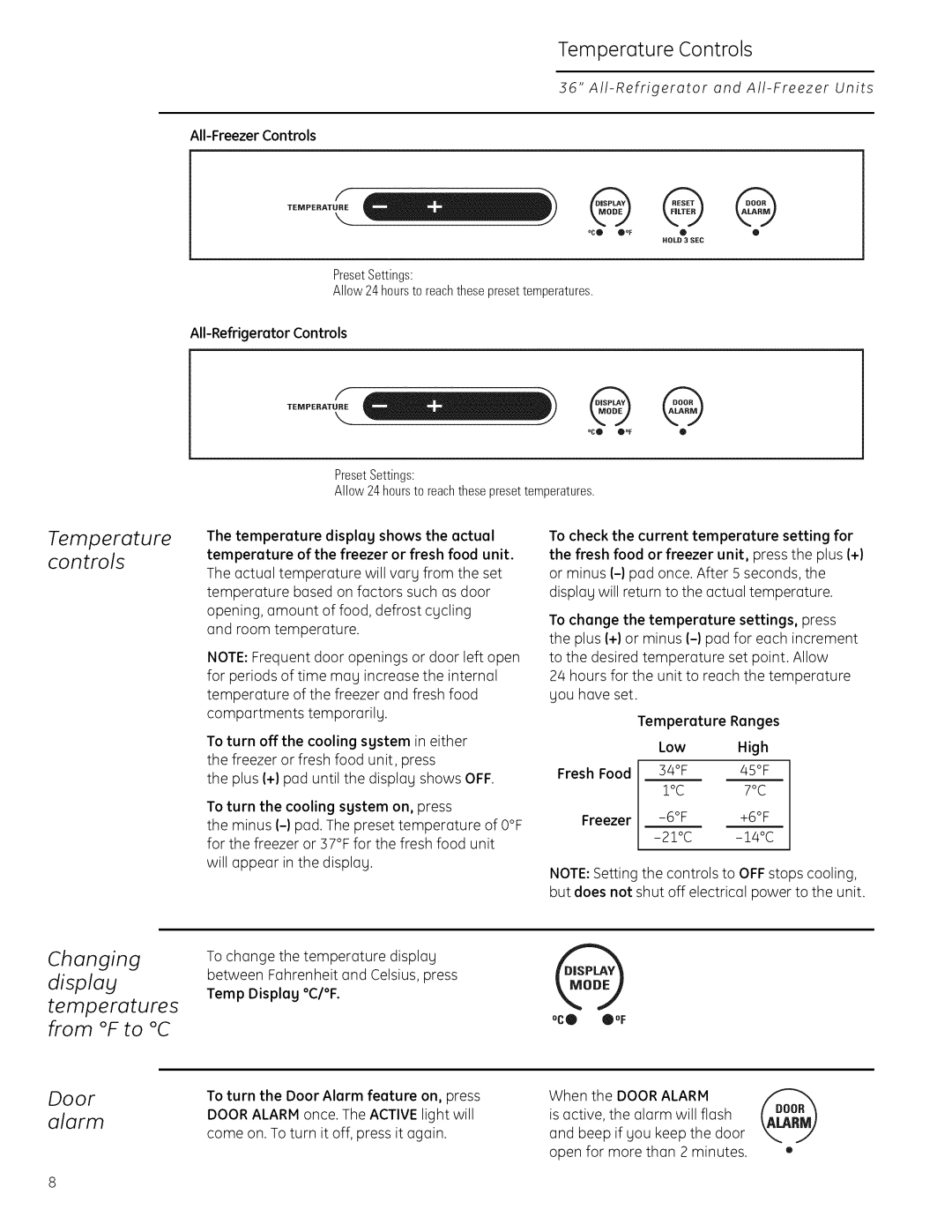 GE Monogram 22402602P001 owner manual Temperature controls, Displag Temperatures from F to C, Temperature Controls 