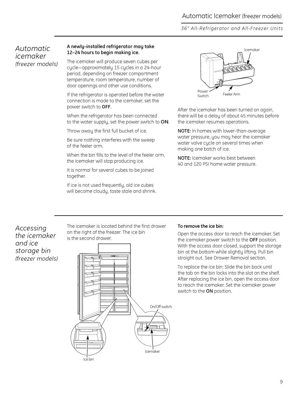 GE Monogram 22402602P001 owner manual Icemaker, Automatic, Accessing the icemaker Ice, Freezer models 