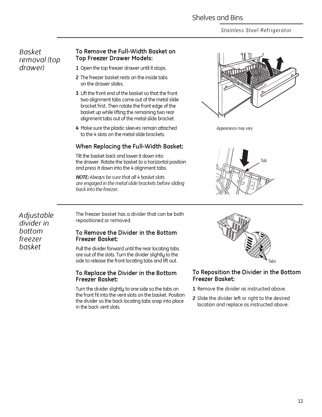 GE Monogram 225D1804P011 owner manual When Replacing the Full-Width Basket 