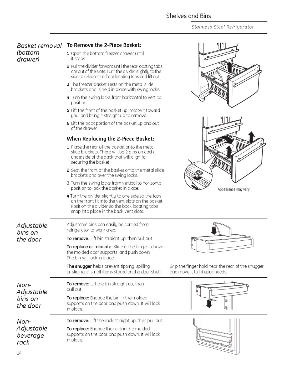 GE Monogram 225D1804P011 owner manual Basket removal bottom drawer, Adjustable bins on the door 