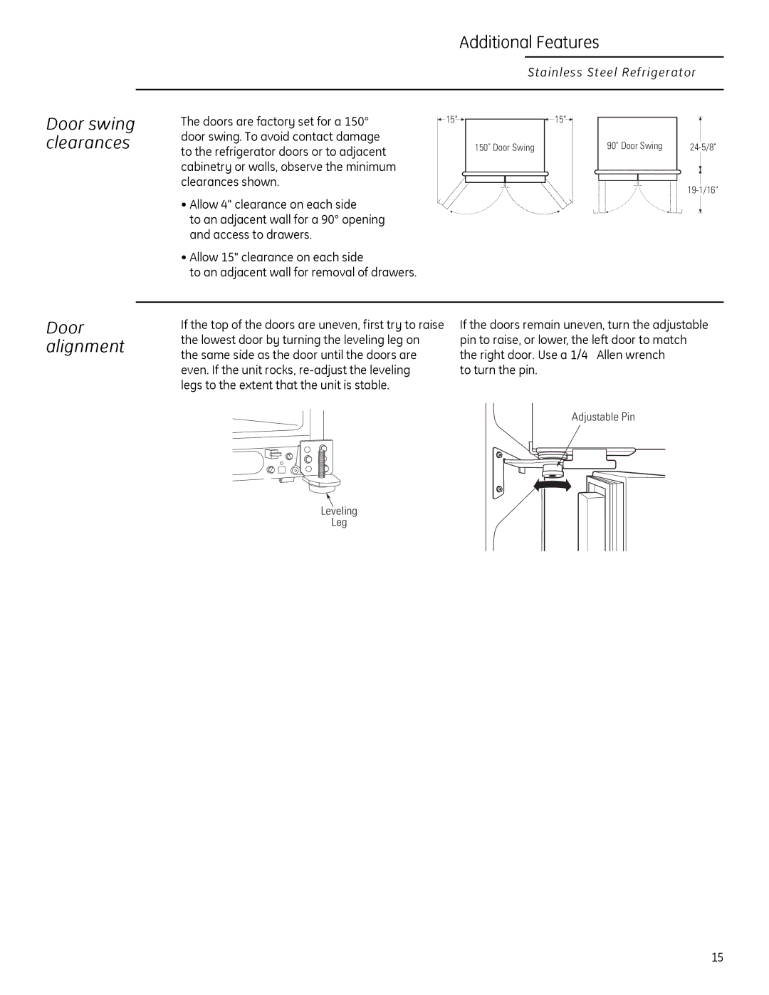 GE Monogram 225D1804P011 owner manual Additional Features, Door swing clearances, Door alignment 