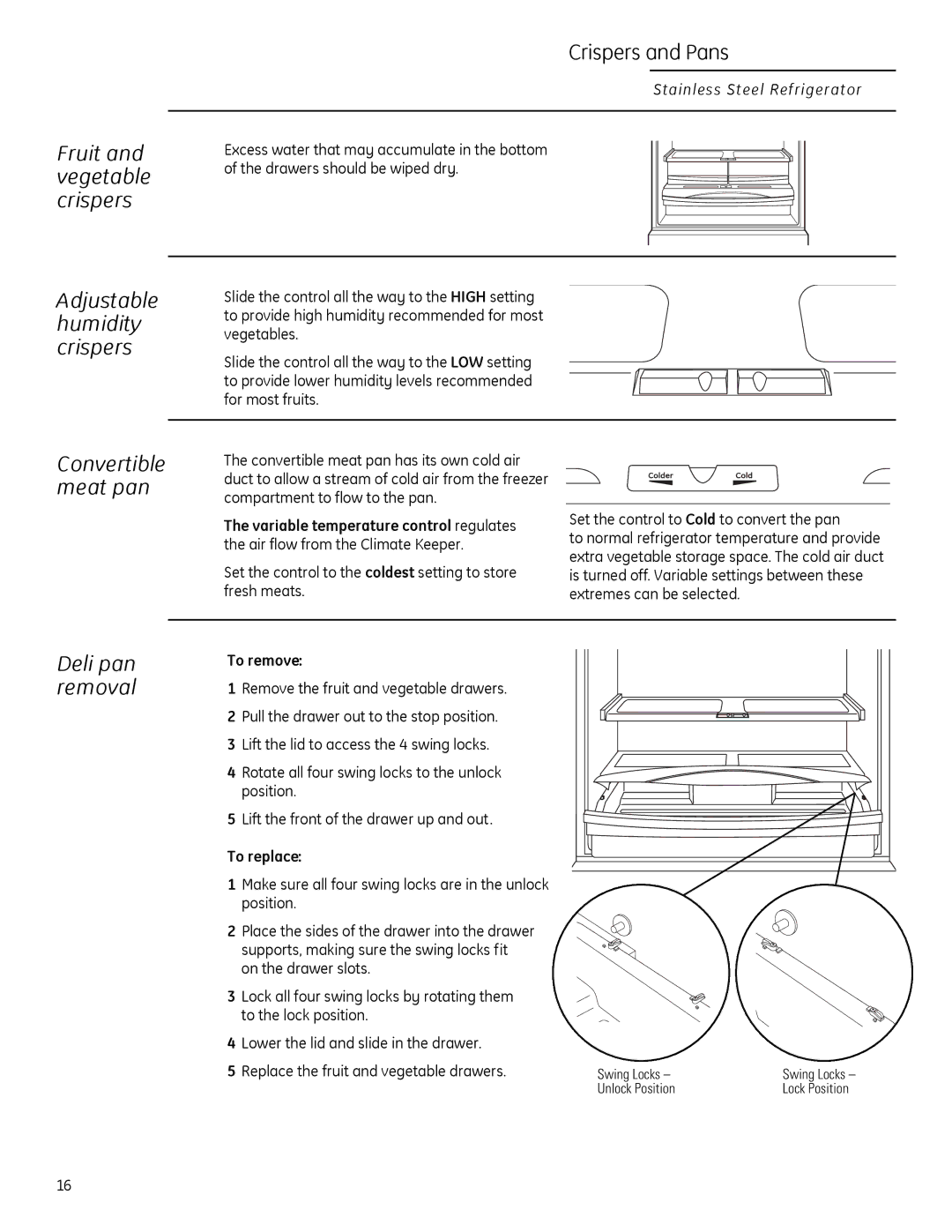 GE Monogram 225D1804P011 owner manual Crispers and Pans, Variable temperature control regulates 