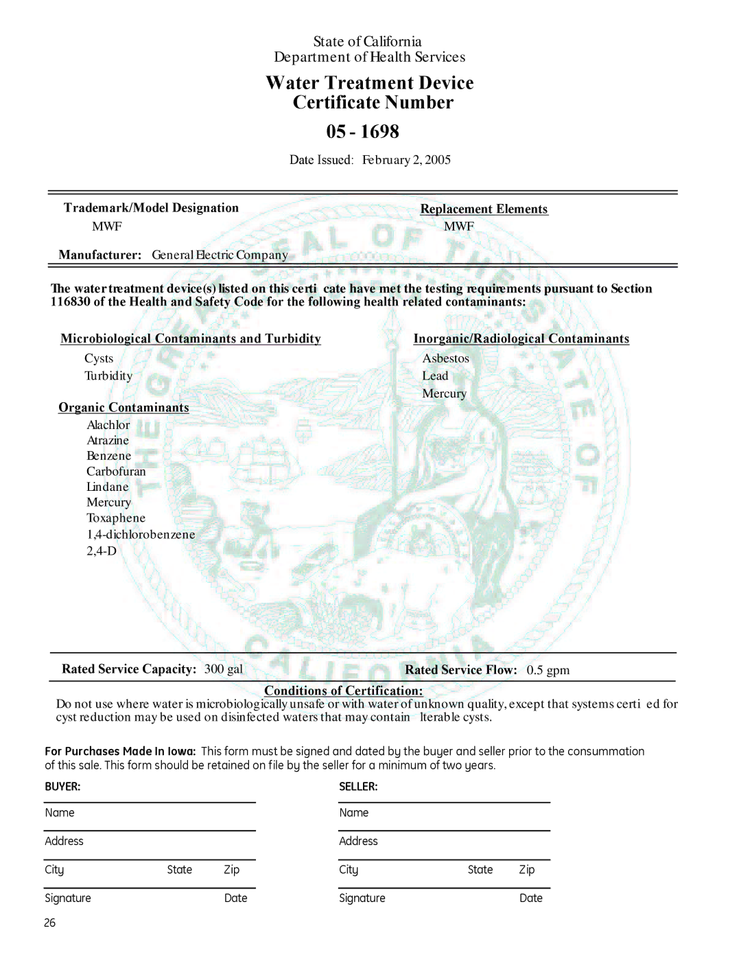 GE Monogram 225D1804P011 owner manual Certificate Number, SEllER 