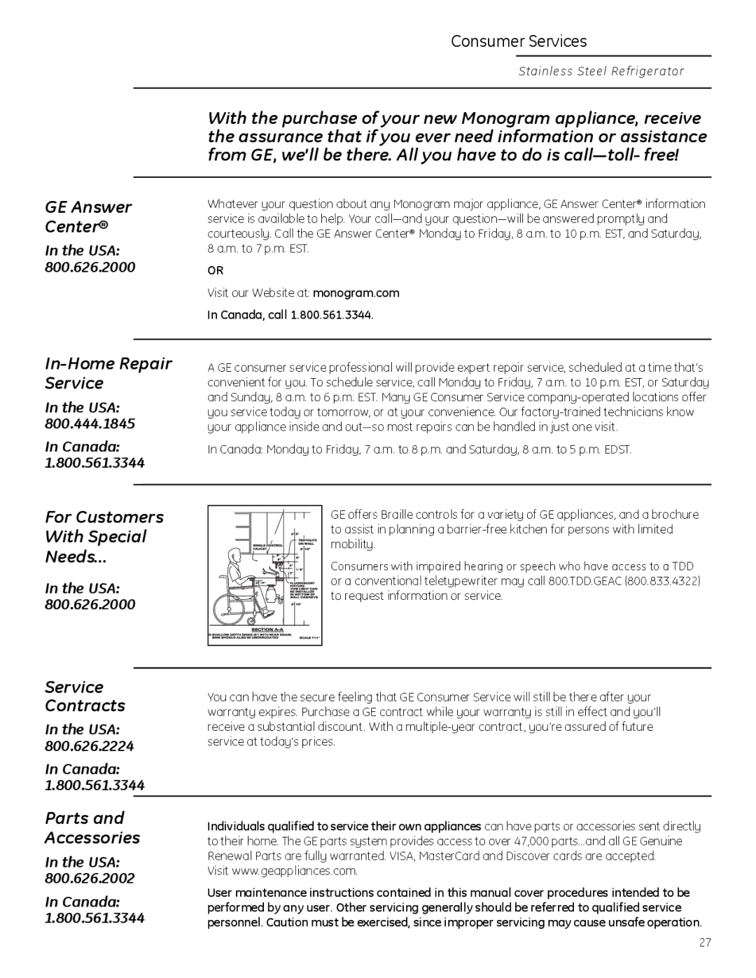 GE Monogram 225D1804P011 owner manual Consumer Services, Canada, call 