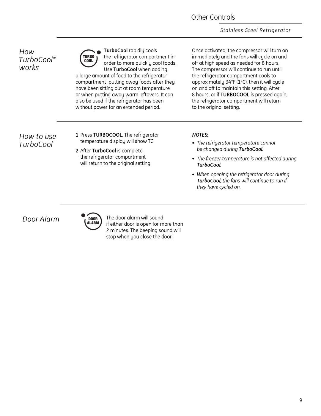 GE Monogram 225D1804P011 owner manual Other Controls, How TurboCool works, How to use TurboCool, Door Alarm 