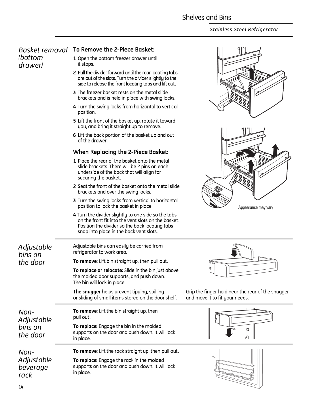 GE Monogram 225D1804P011 owner manual Basket removal bottom drawer, Adjustable bins on the door, Shelves and Bins 