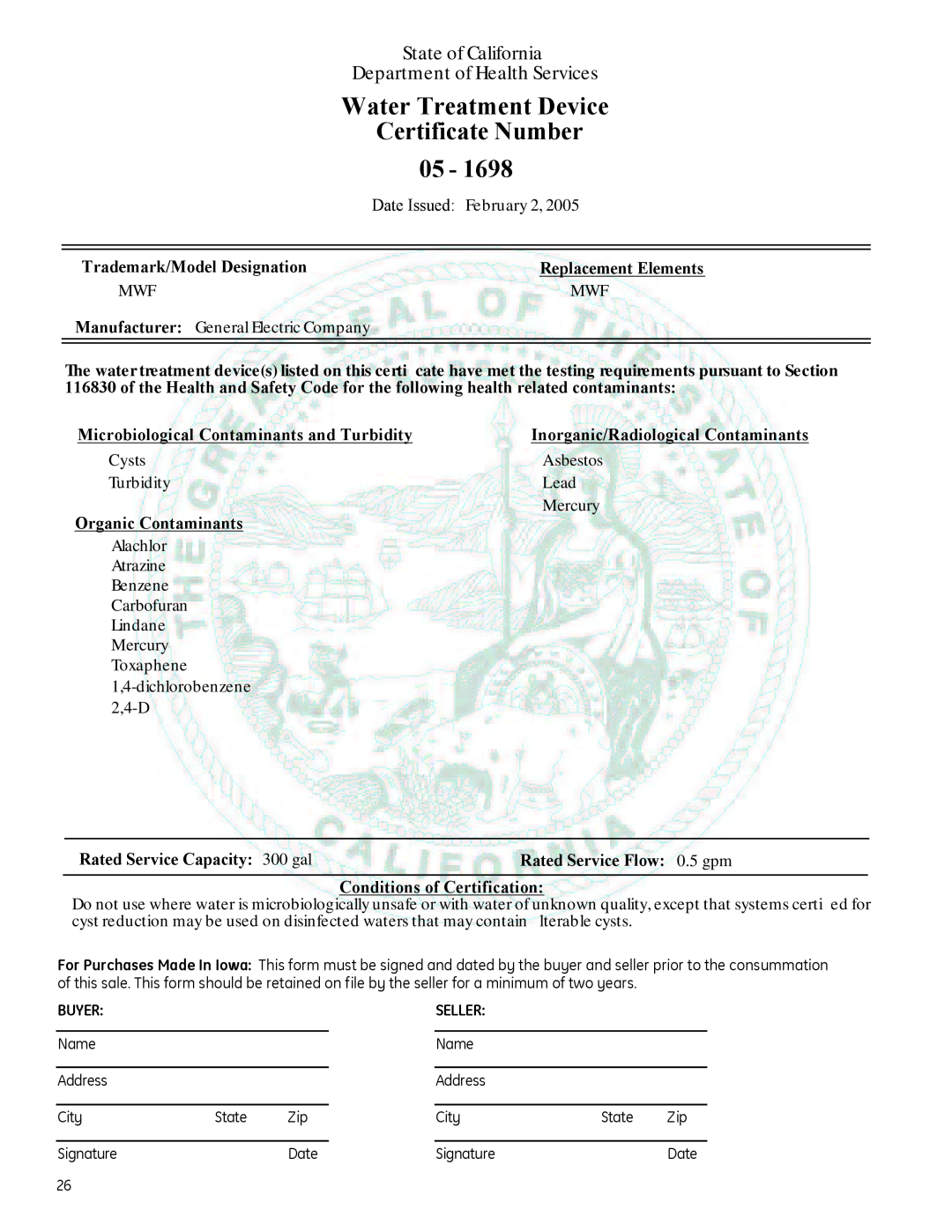GE Monogram 225D1804P011 Certificate Number, Water Treatment Device, State of California, Department of Health Services 