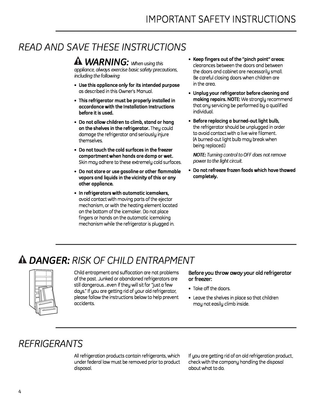 GE Monogram 225D1804P011 Important Safety Instructions, Read And Save These Instructions, Danger Risk Of Child Entrapment 